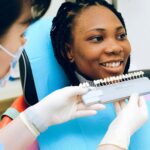 A woman getting professional teeth whitening treatment.
