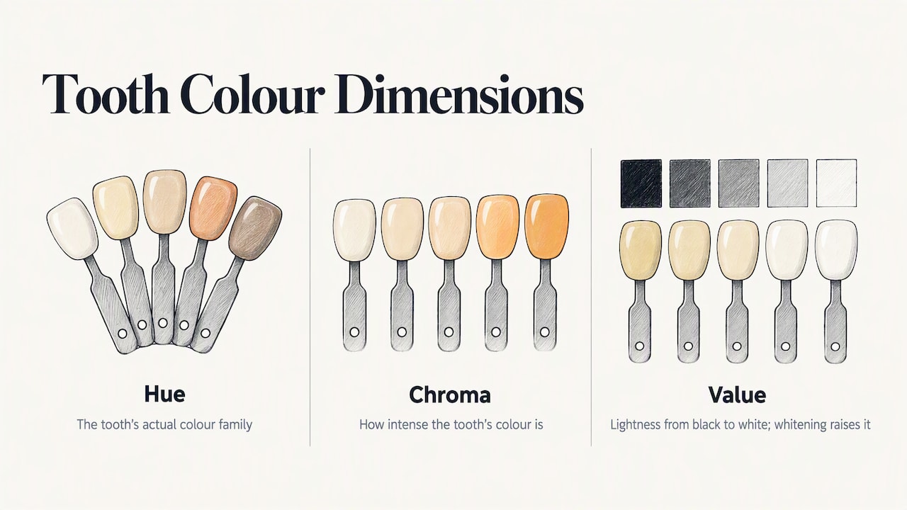 Hue, chroma and value in tooth colour
